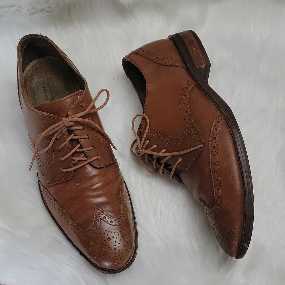 COLE HAAN Grand OS Madison Tan‎ Leather Wingtip Lace Up Oxford Dress Shoes 10